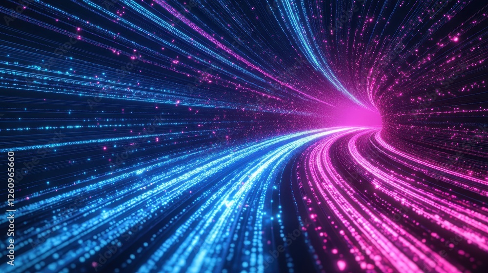 Wall mural fast-moving neon blockchain trails forming swirling patterns over a cybernetic dark backdrop