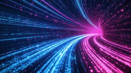 Obraz premium Fast-moving neon blockchain trails forming swirling patterns over a cybernetic dark backdrop