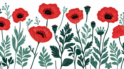 Fototapeta premium Red Poppy Meadow: A vibrant illustration of red poppies and foliage creates a cheerful and lively floral border, perfect for adding a touch of springtime freshness to your designs.