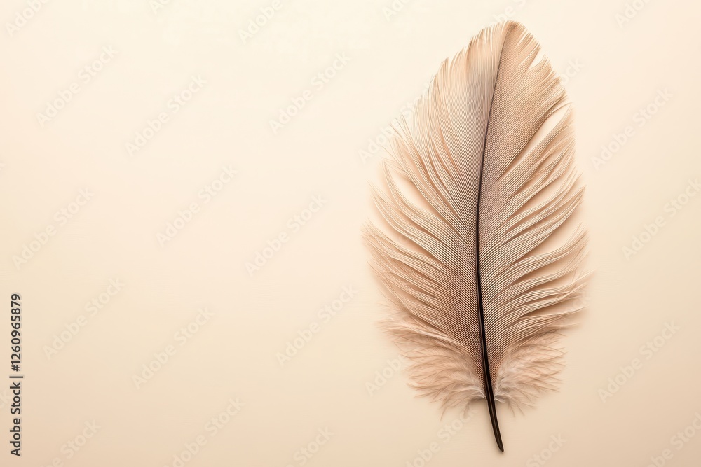 Poster soft beige feather resting gently on a smooth pale surface creating a serene and minimalist aestheti