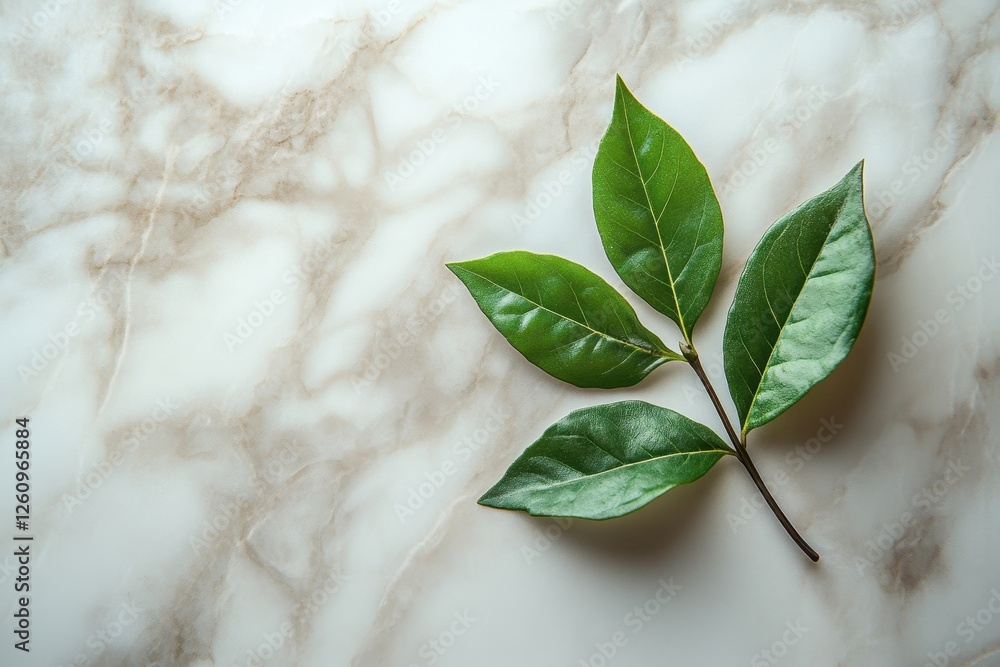 Aufkleber fresh green leaves resting on a clean marble surface highlighting nature's simplicity and elegance i