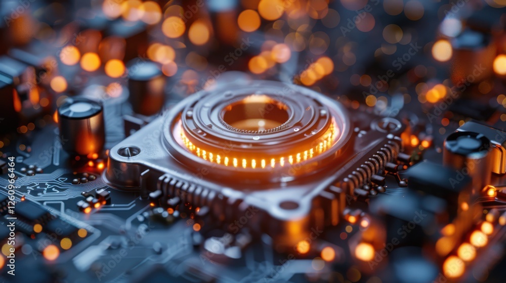 Poster futuristic circuit board technology with glowing elements, details of advanced electronics and digit