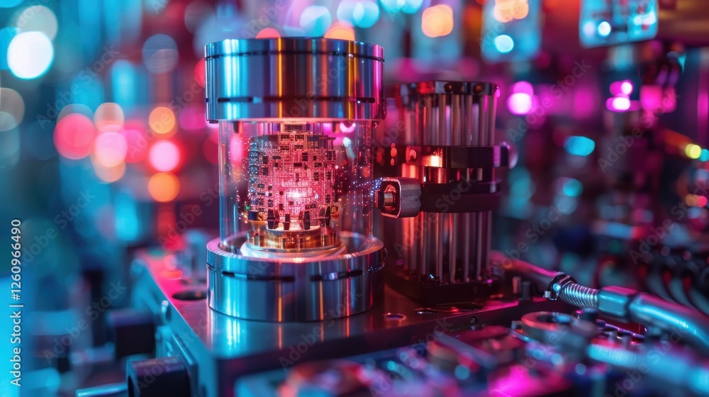 Poster futuristic technology image showcasing a high-tech circuit device with colorful lights and intricate