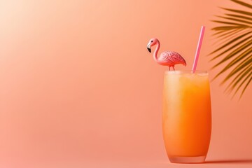 Refreshing drink adorned with a quirky flamingo stirrer against a vibrant coral background