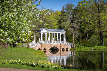 marble bridge in Catherine Park in the city of Pushkin near St. Petersburg on a clear spring morning