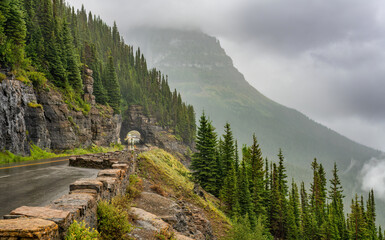Scenic Drive with a tunnel on the Going to the Sun Road - Glacier National Park