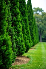 Row of coniferous trees with large thuja tree in background, garden, forest, large plant