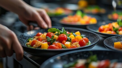 Fresh vegetable salad being plated in a vibrant kitchen setting during a catering event