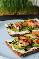 Tasty avocado shrimp toast with cream cheese and balsamic glaze on rye bread: healthy breakfast idea, clean eating, ketogenic diet, Scandinavian food.
