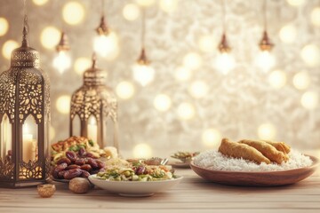 Beautifully Arranged Ramadan Dinner Table Featuring Traditional Dishes, Warm Light, and Glowing Lanterns