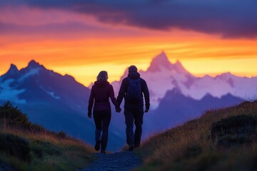Fototapeta premium Couple holding hands, hiking a mountain trail at sunset, enjoying the vibrant colors of the sky and majestic mountain range.