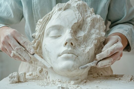 A sculptor meticulously chisels a marble bust, revealing a serene face emerging from the stone. - Powered by Adobe