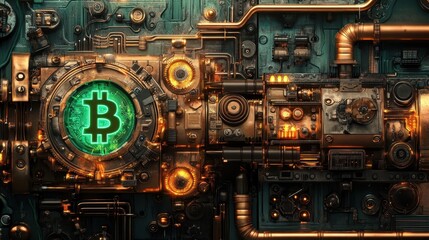 Victorian-style crypto press stamping Bitcoin banknotes with steam power