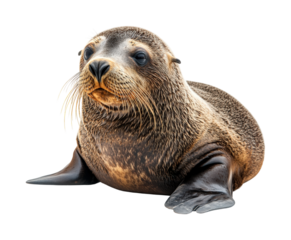 Relaxing seal on coastal wildlife beach isolated on transparent background - Generative AI