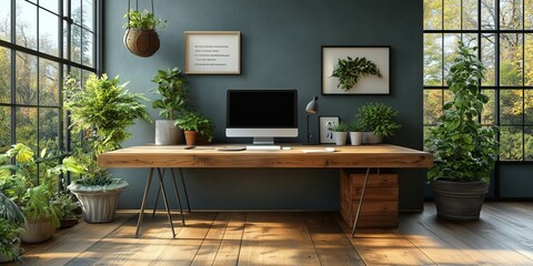 Modern workspace surrounded by greenery in a serene indoor environment