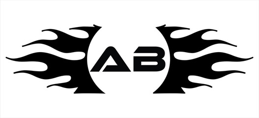 Futuristic abstract Logo with Fiery Flame Motif and Geometric 'AB' Emblem, Black and White Artwork