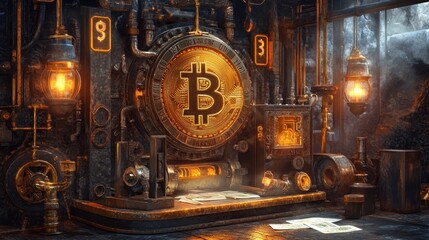 Intricate crypto press stamping Bitcoin designs on aged paper currency