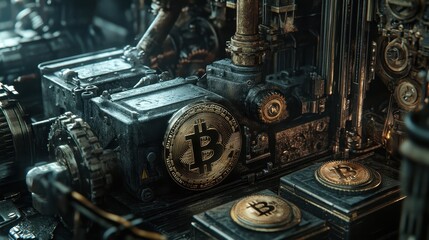 Fototapeta premium Industrial Bitcoin engraver with detailed blockchain currency patterns