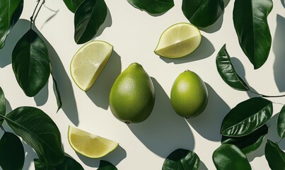 Limes, pomelos, and leaves on white background; flat lay food photography for recipe websites or blogs
