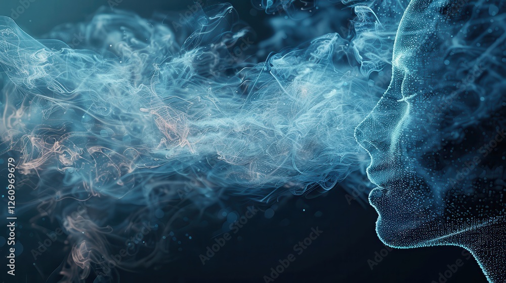 Poster abstract representation of technology and human connection with smoke and digital patterns, showcasi