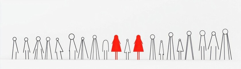 Illustration of a crowd with two people in red standing out.