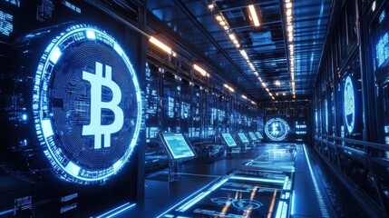 Fototapeta premium Blockchain networks glow along sleek metallic structures in a trading hub