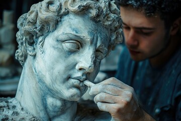 A sculptor meticulously refines a marble bust, showcasing the artistry and detail of classical sculpture.