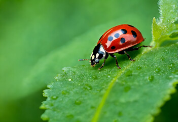 Ladybird on green leaf