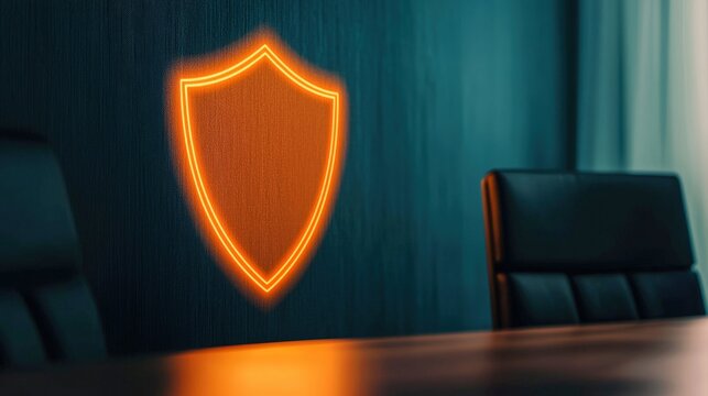 A glowing shield icon illuminated on a textured wall, with dark chairs arranged around a conference table, creating a modern and secure atmosphere.