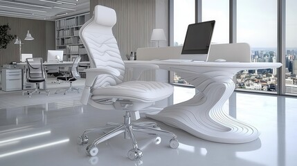 Modern office interior with sleek desk and ergonomic chair.