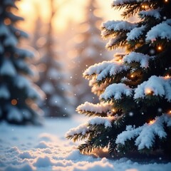 Snowflakes fall gently on a majestic white Christmas tree, holiday season, snowflake, frosty atmosphere