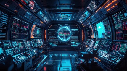 Obraz premium Observation decks overlooking glowing crypto panels and trading bots