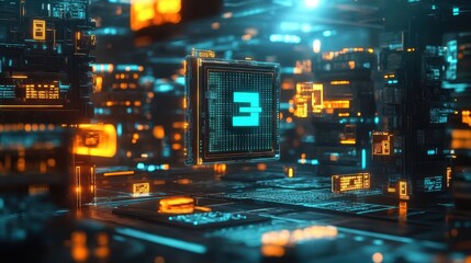 Deep-space crypto city with floating data holograms and workstations