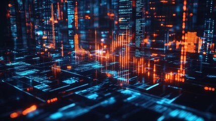 Obraz premium Crypto market station with digital charts hovering over sleek floors