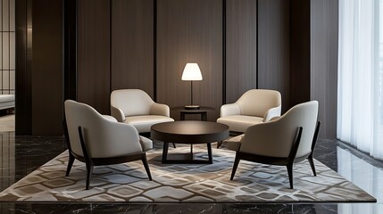 Modern Lounge Area With Beige Chairs And Dark Wood Paneling