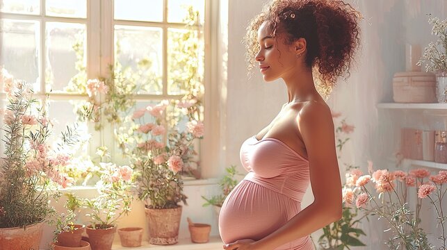 Pregnant woman surrounded by flowers in a serene sunlit room setting - Powered by Adobe