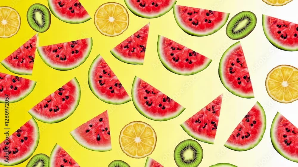 Poster pieces of watermelon, kiwi and lemon falling slowly on a yellow and white background, creating a col
