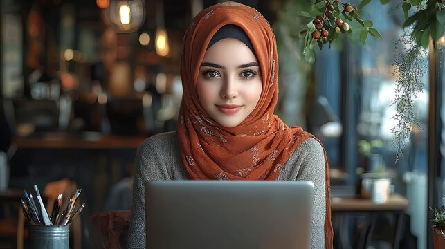 Young woman wearing hijab working on laptop in cozy creative workspace