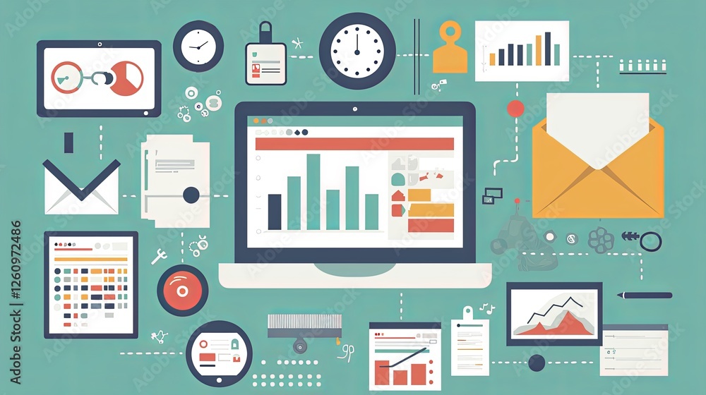 Poster digital workspace illustrating project management tools with organization and planning elements