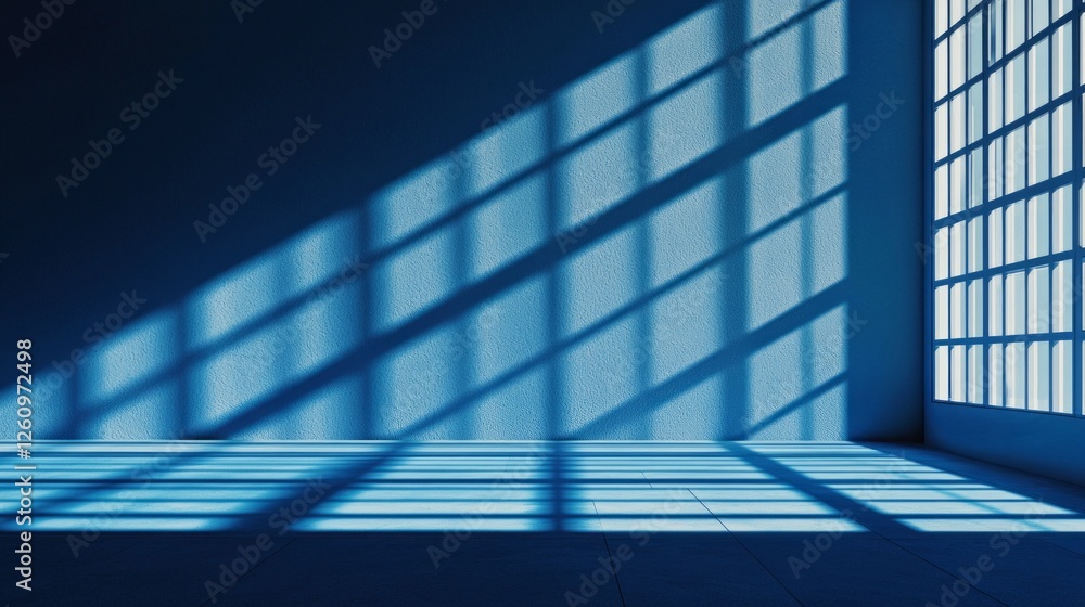 Poster in a tranquil studio, sunlight pours through stylized windows, casting intricate shadows on a smooth