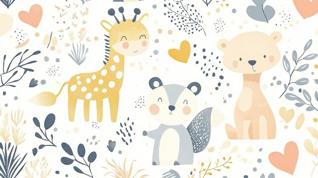 Adorable baby animals and floral design seamless pattern