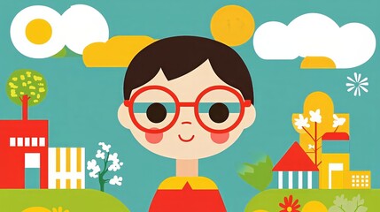 Colorful childlike portrait with red glasses and whimsical background elements