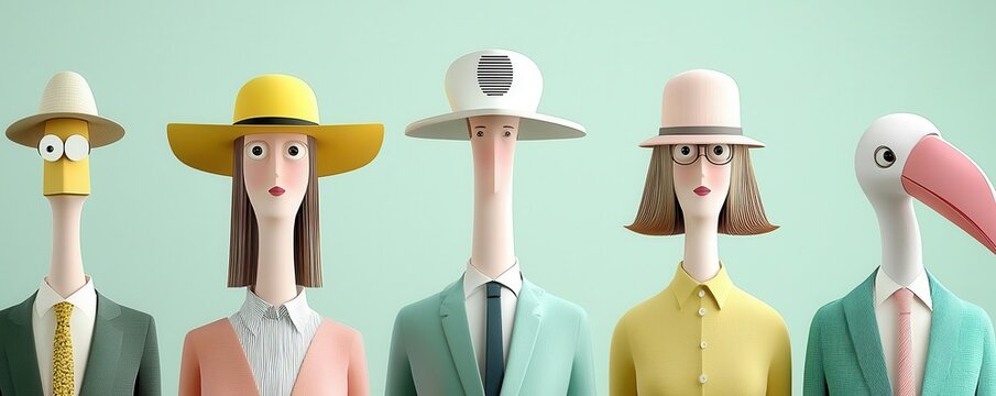 Stylized characters in vibrant attire against a pastel backdrop.