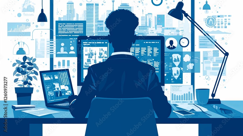 Poster professional workspace with digital technology and data analysis focus