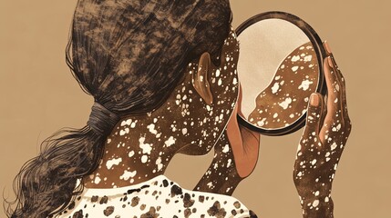 Fototapeta premium Rear view of woman examining her face in a handheld mirror