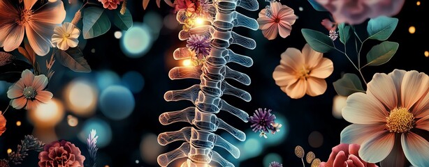 A vibrant depiction of a human spine and flowers.