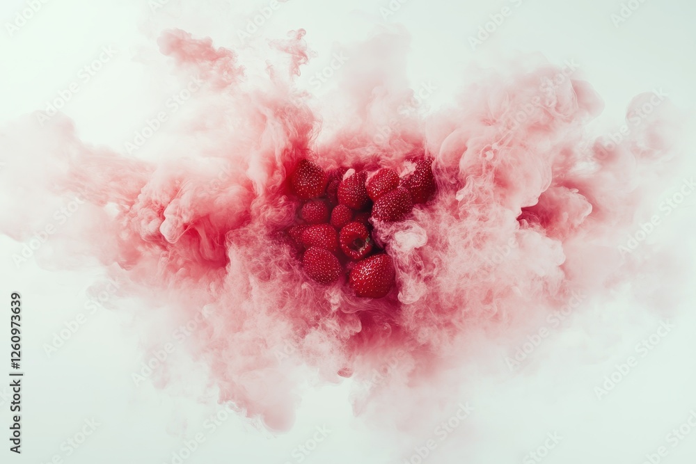Poster vibrant red raspberries emerge from a cloud of raspberry-flavored mist in a captivating fusion of co