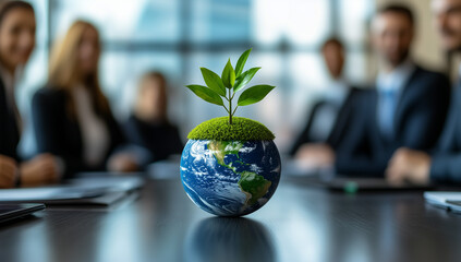 Earth globe expression with grass, sprout on business meeting table, environmental illustration
