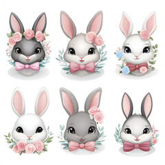 Fototapeta premium Adorable illustrated bunnies with floral crowns and pastel decorations, featuring soft colors, elegant bows, and a whimsical Easter-themed artistic design. 