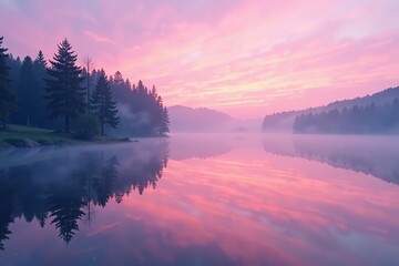soft pink mist descends on a tranquil lake at dawn, nature, mist, stillness